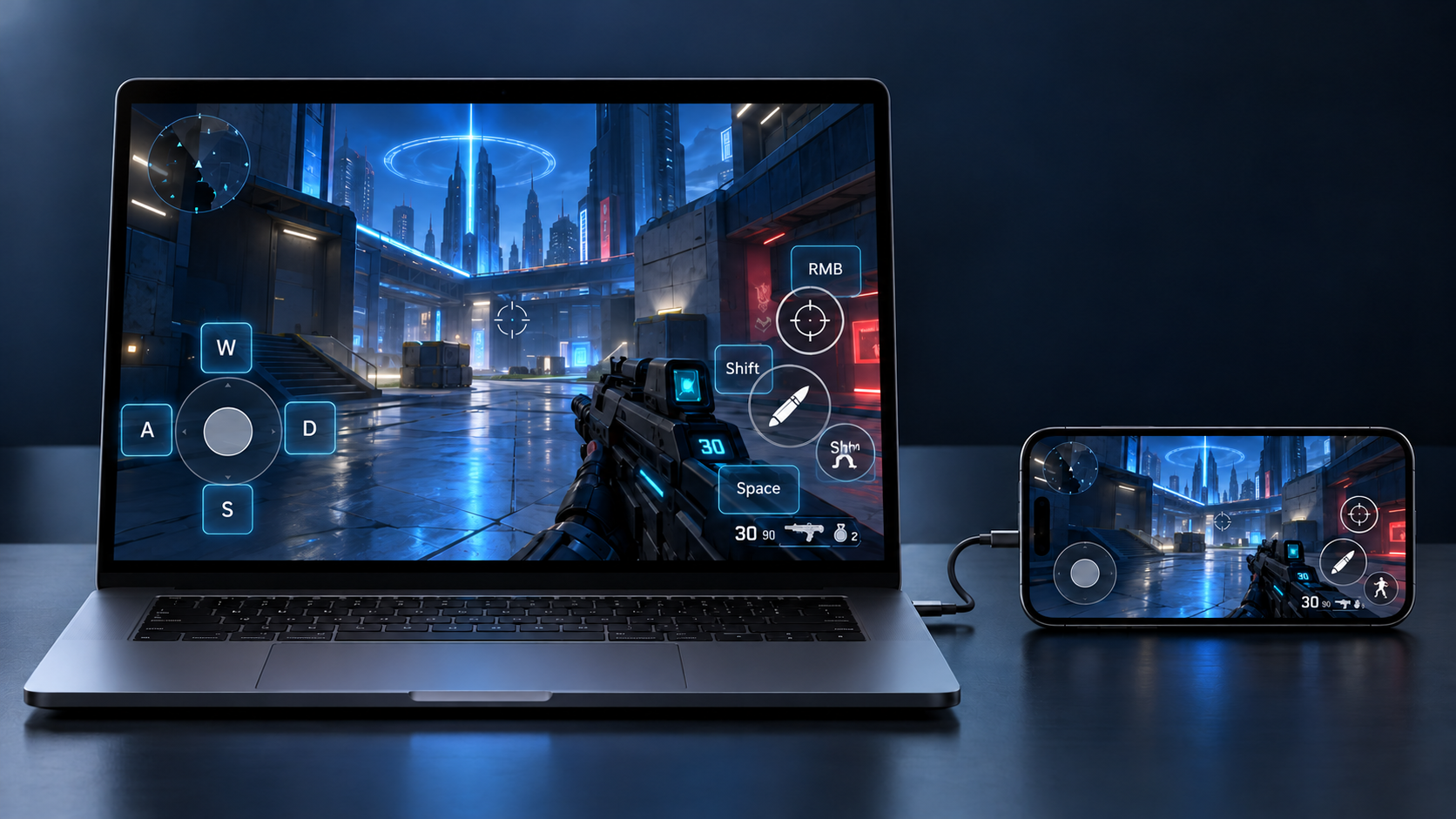 MacBook 与 iPhone 同步显示 FPS 手机游戏，Mac 叠加半透明键位映射